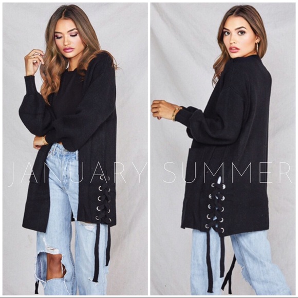 ❄️BLACK LONG LACE UP SWEATER KNIT CARDIGAN - Picture 3 of 3